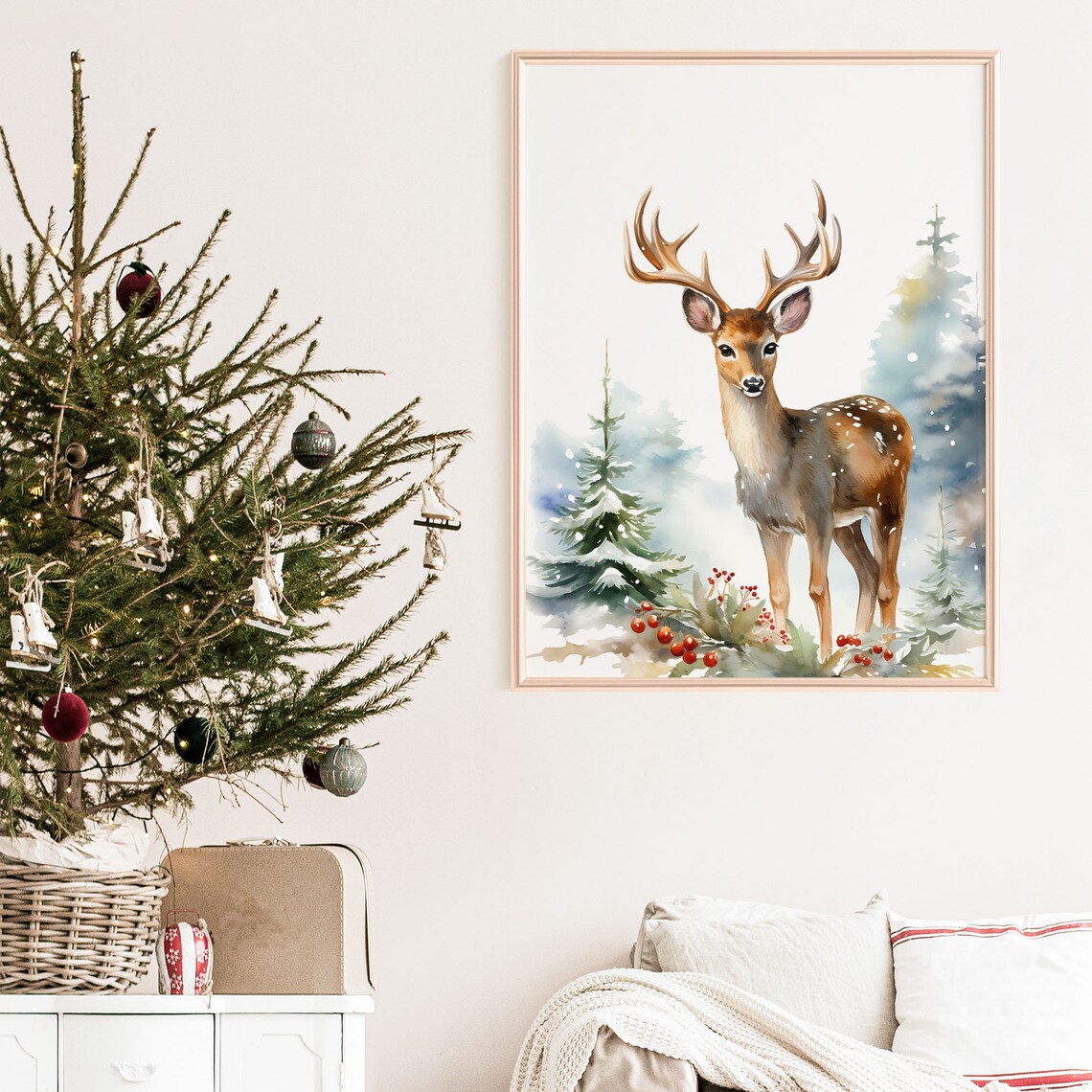 Watercolor Deer Antlers Snowy Forest Red Berries Winter Poster - Image 8