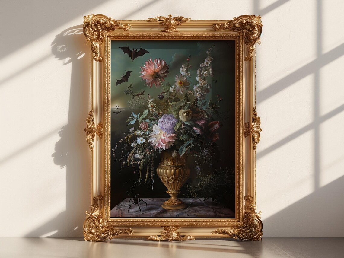 Dark Floral Still Life Bats Spider Gothic Halloween Art Poster - Image 6