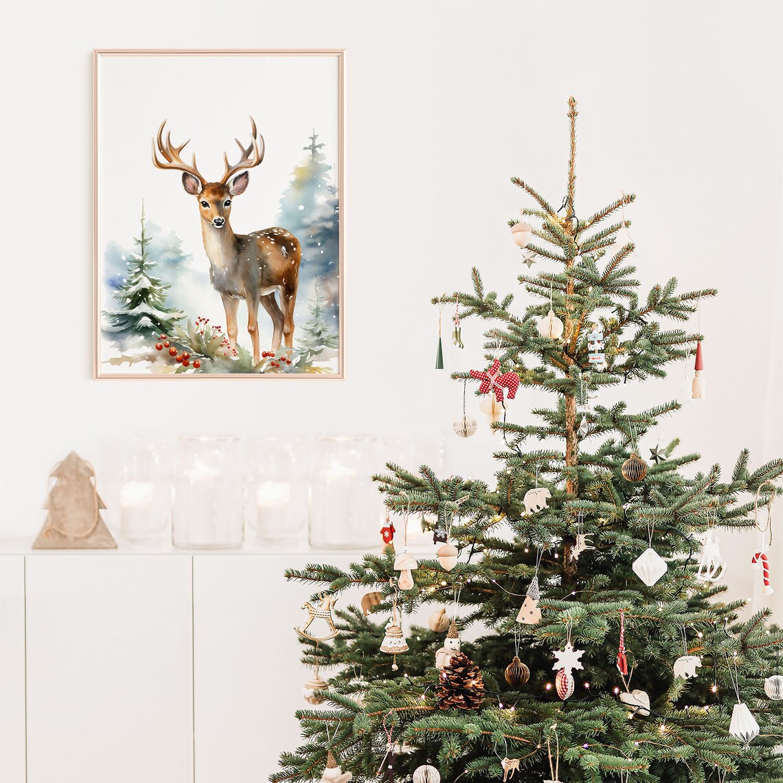 Watercolor Deer Antlers Snowy Forest Red Berries Winter Poster - Image 5