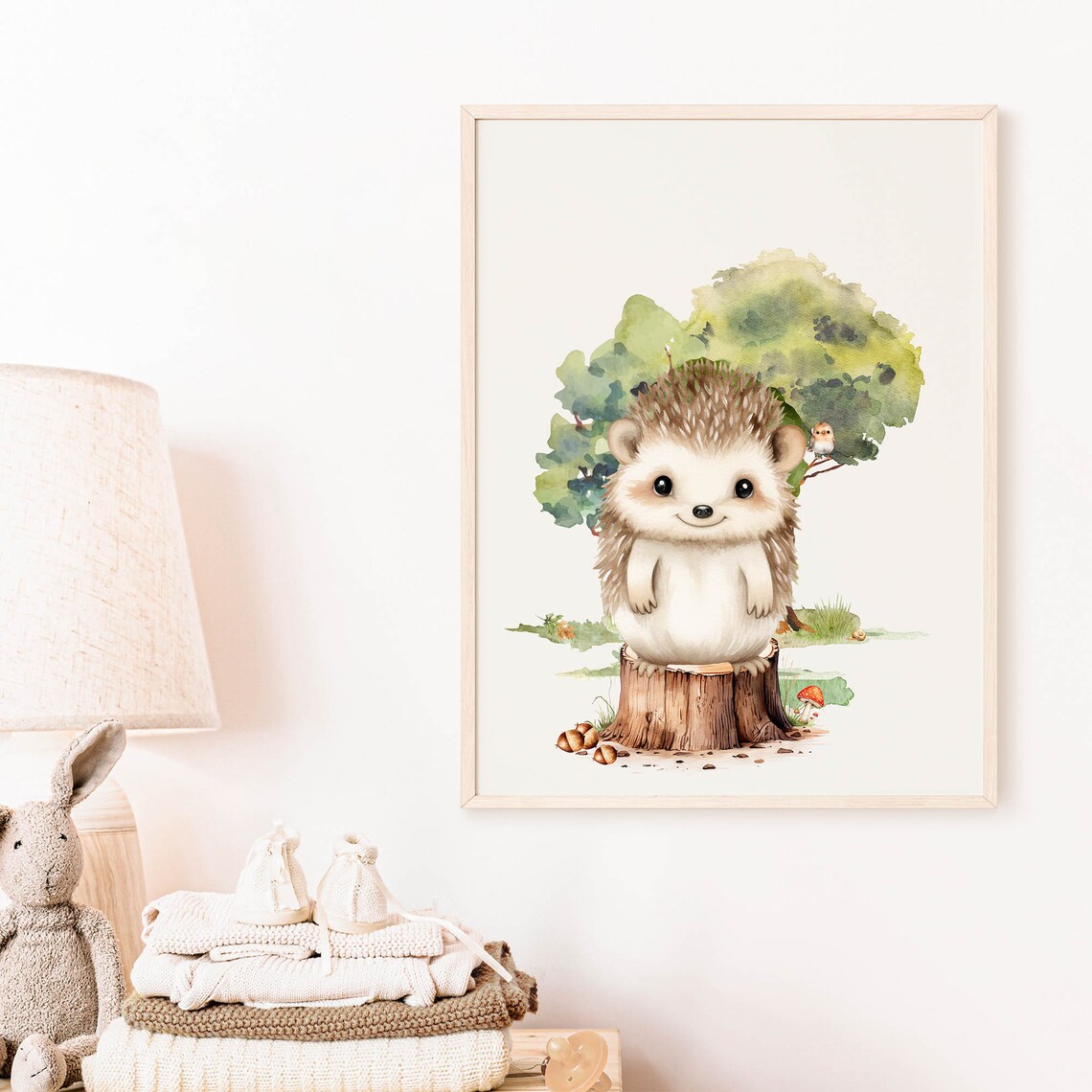 Smiling Hedgehog Tree Stump Watercolor Woodland Nursery Poster - Image 8