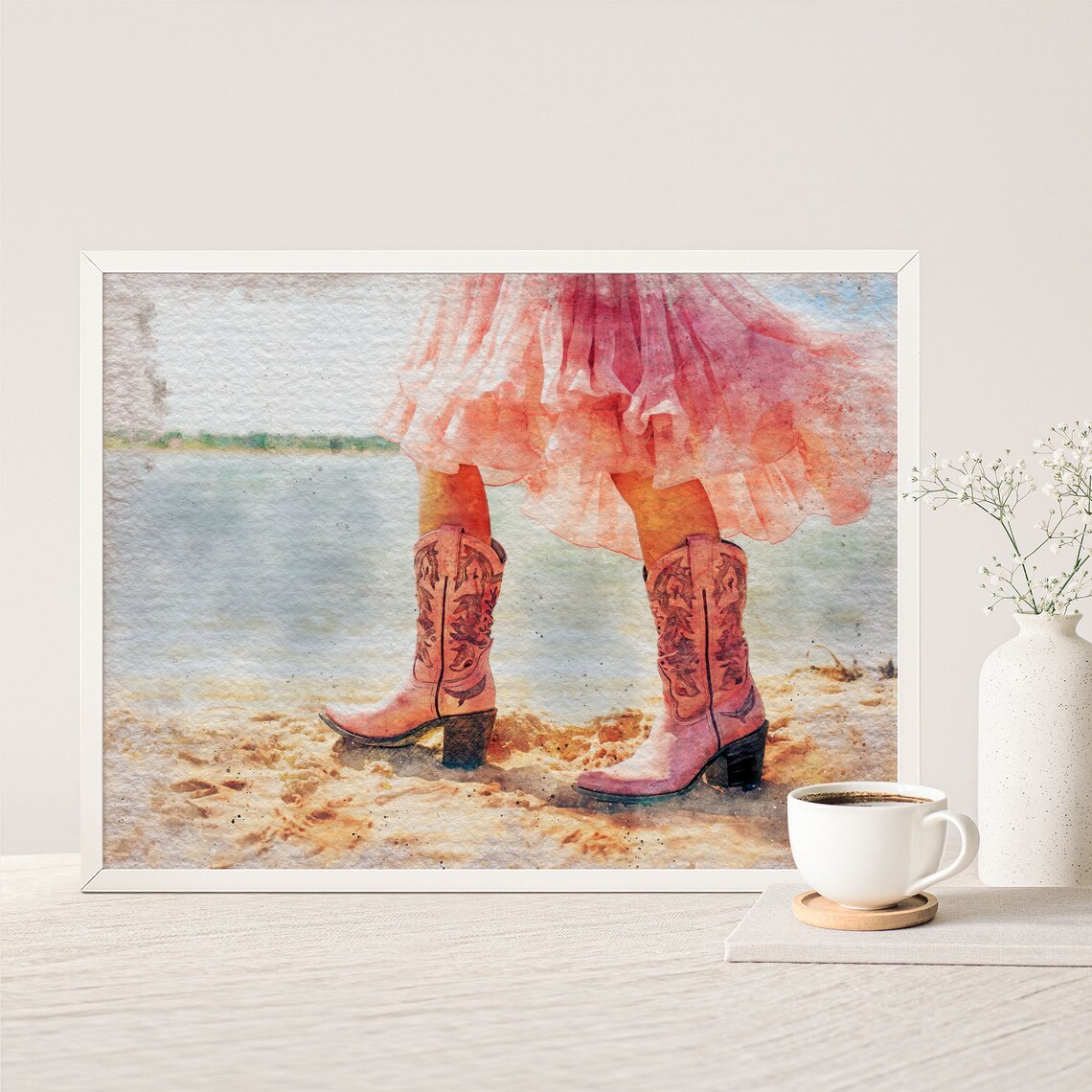 Coastal Artful Girly Cowgirl Instant Cowgirl In Pink Tutu Boots Watercolor Print Girly Preppy Wall Art Gift West01 - Image 7