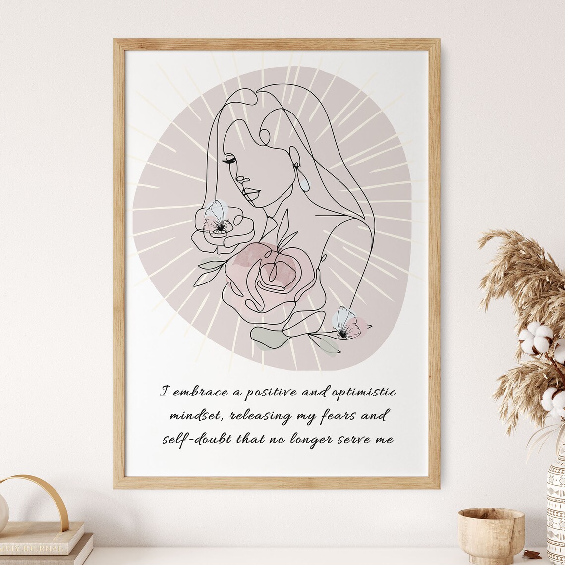 Positive Mindset Affirmation Boho Line Art Woman Floral Poster - Image 6