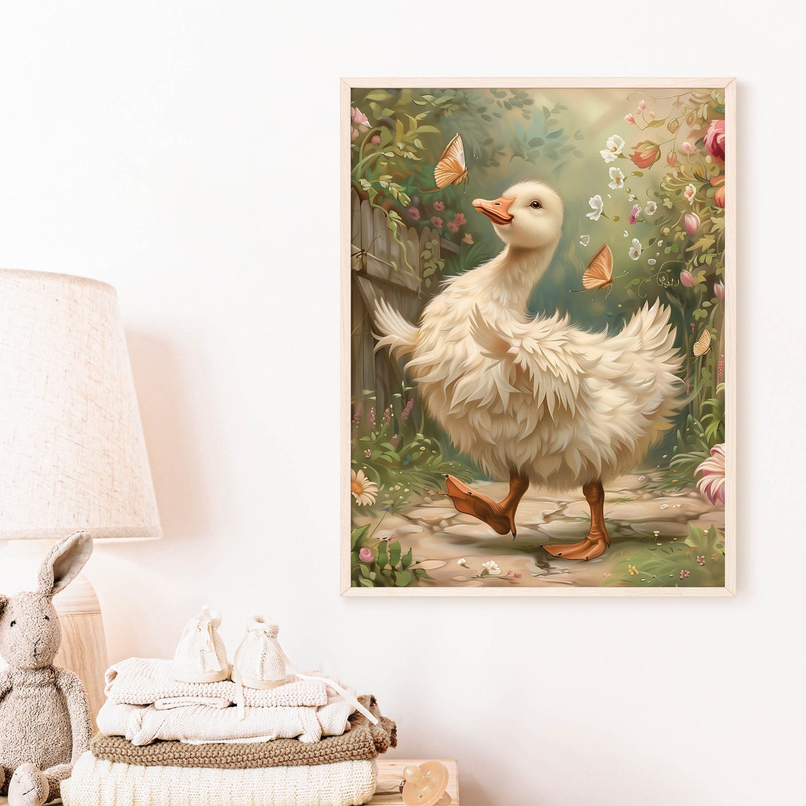 Fluffy White Goose Among Flowers Butterflies Vintage Storybook Poster - Image 7