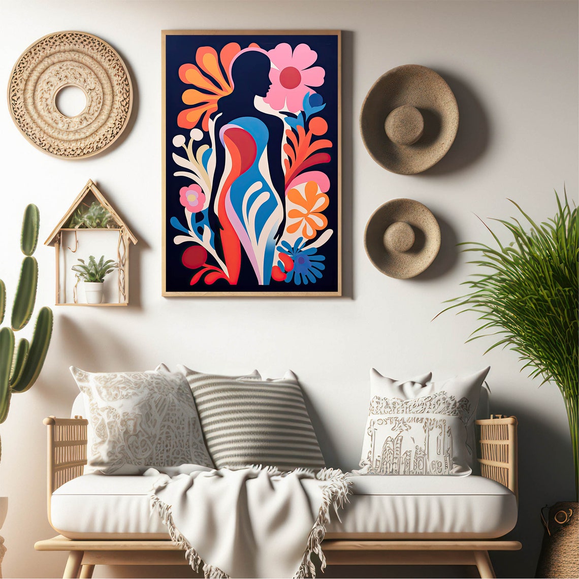 Blue Abstract Female Silhouette with Bold Florals Matisse Style Print - Image 8