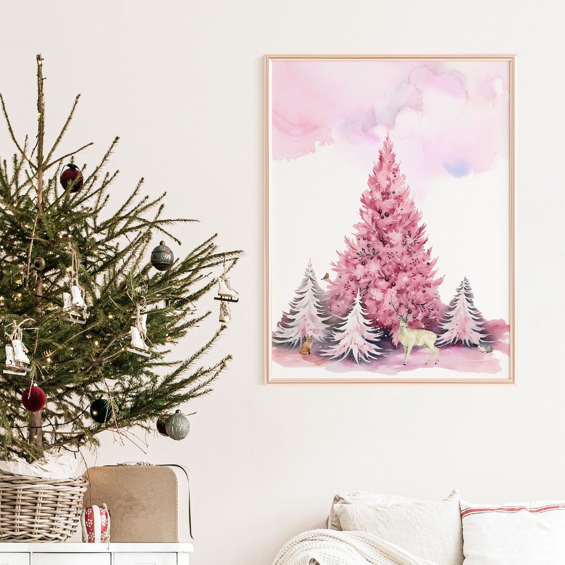 Pink Watercolor Christmas Trees Woodland Deer Holiday Poster - Image 4