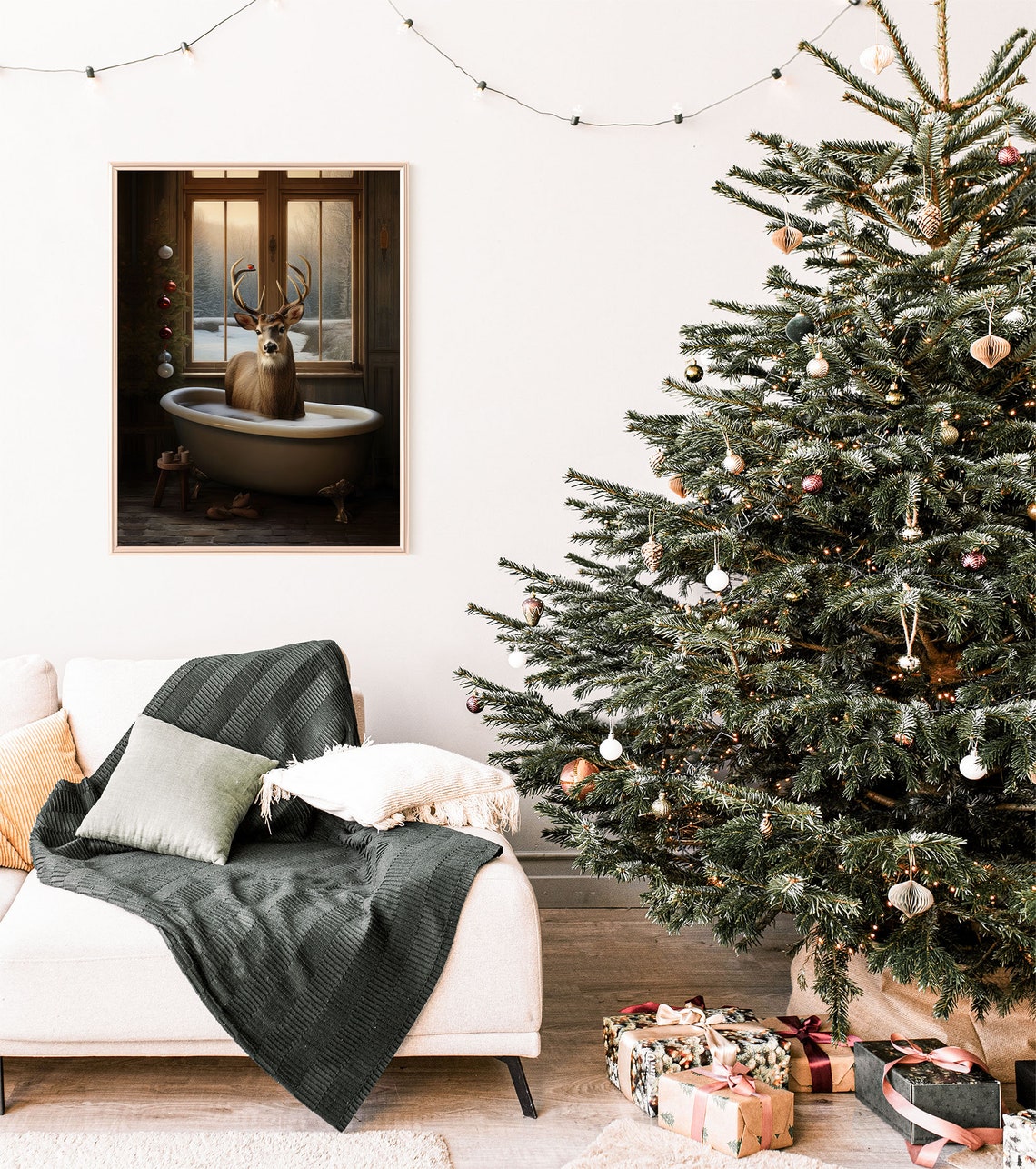 Funny Reindeer In Bathtub Snowy Window Rustic Winter Art Poster - Image 5