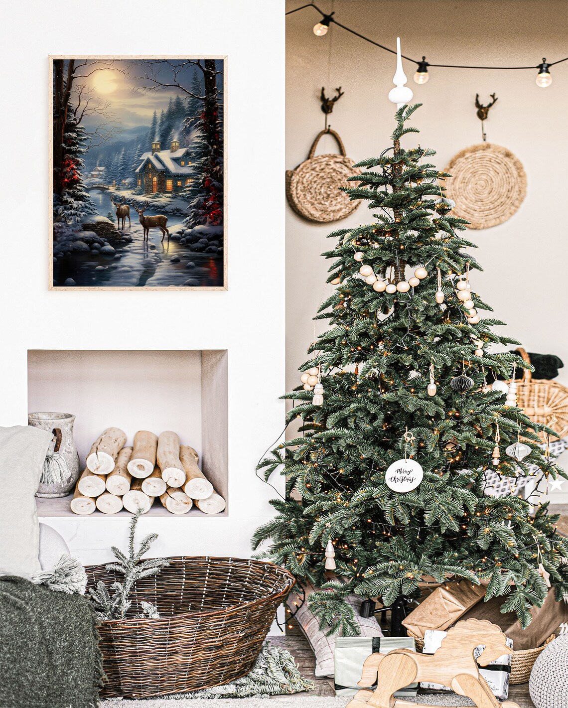 Two Deer Moonlit Stream Cozy Cabin Snowy Forest Night Poster - Image 2