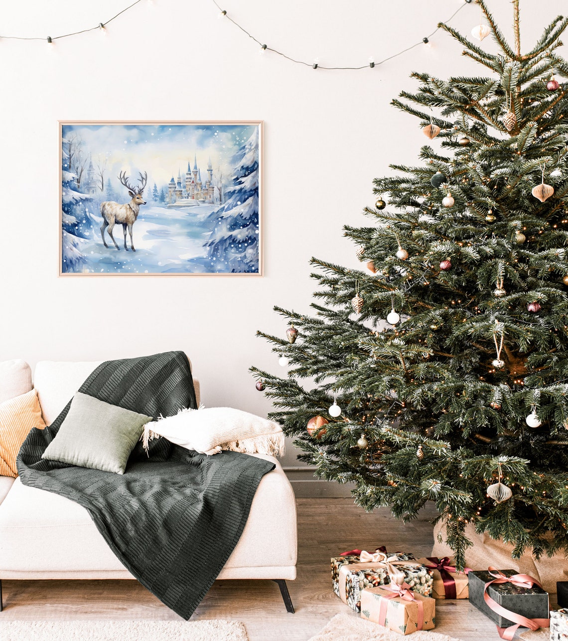 Winter Deer Castle Snowy Blue Christmas Watercolor Art Print - Image 2