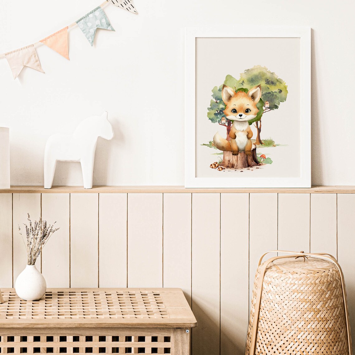 Baby Fox Tree Stump Watercolor Woodland Nursery Animal Poster - Image 3