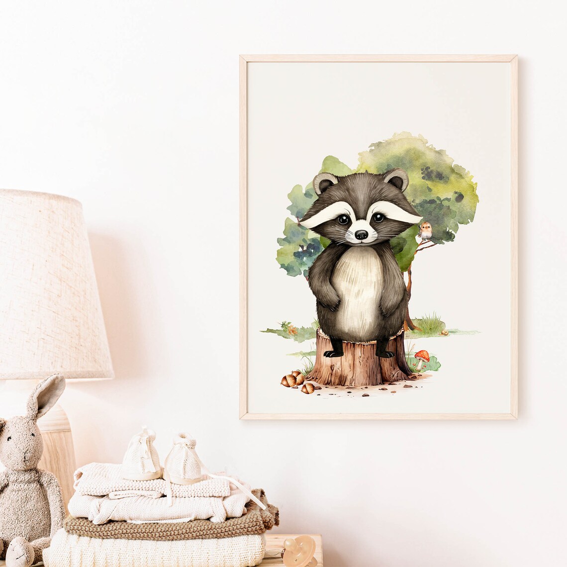 Baby Raccoon Tree Stump Watercolor Forest Nursery Animal Poster - Image 6