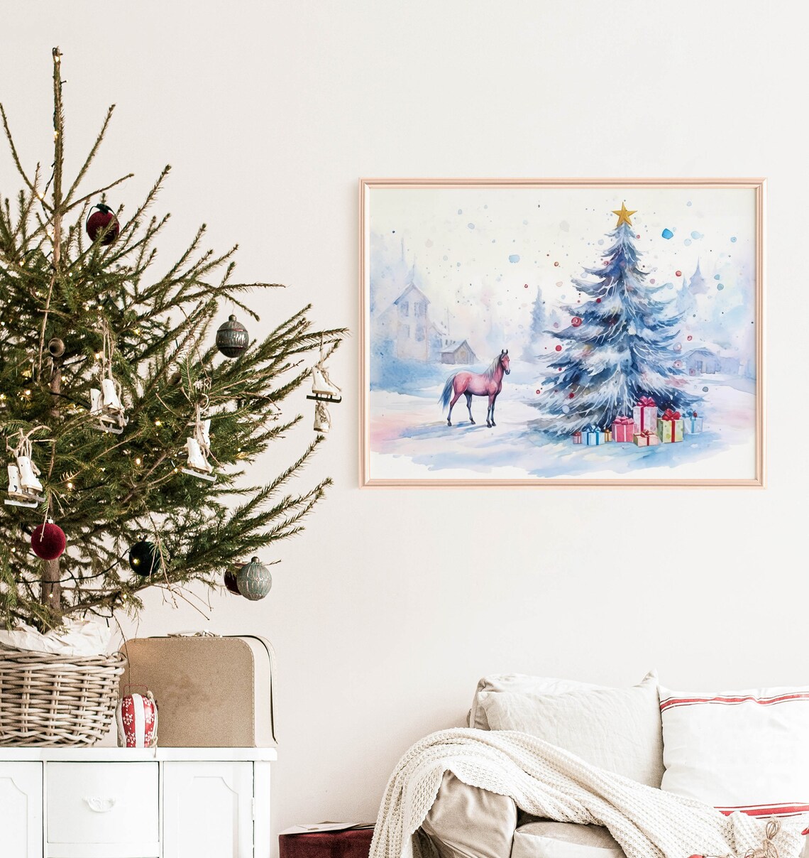 Blue Christmas Tree Pink Horse Gifts Watercolor Holiday Art Print - Image 4