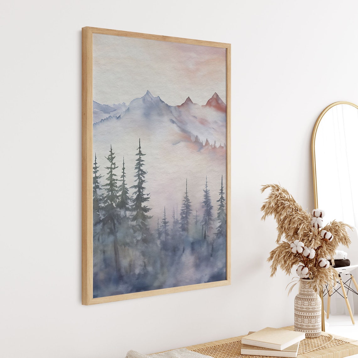 Pink Blue Pine Forest Mountain Watercolor Landscape Wall Art - Image 7