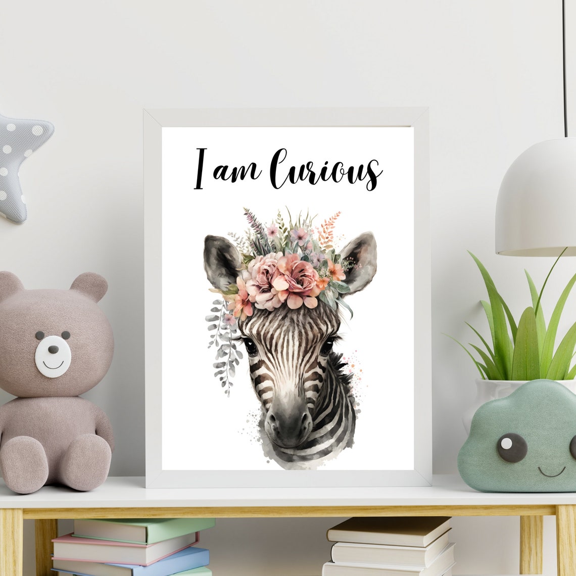 I Am Curious Zebra Flower Crown Nursery Watercolor Art Print - Image 8