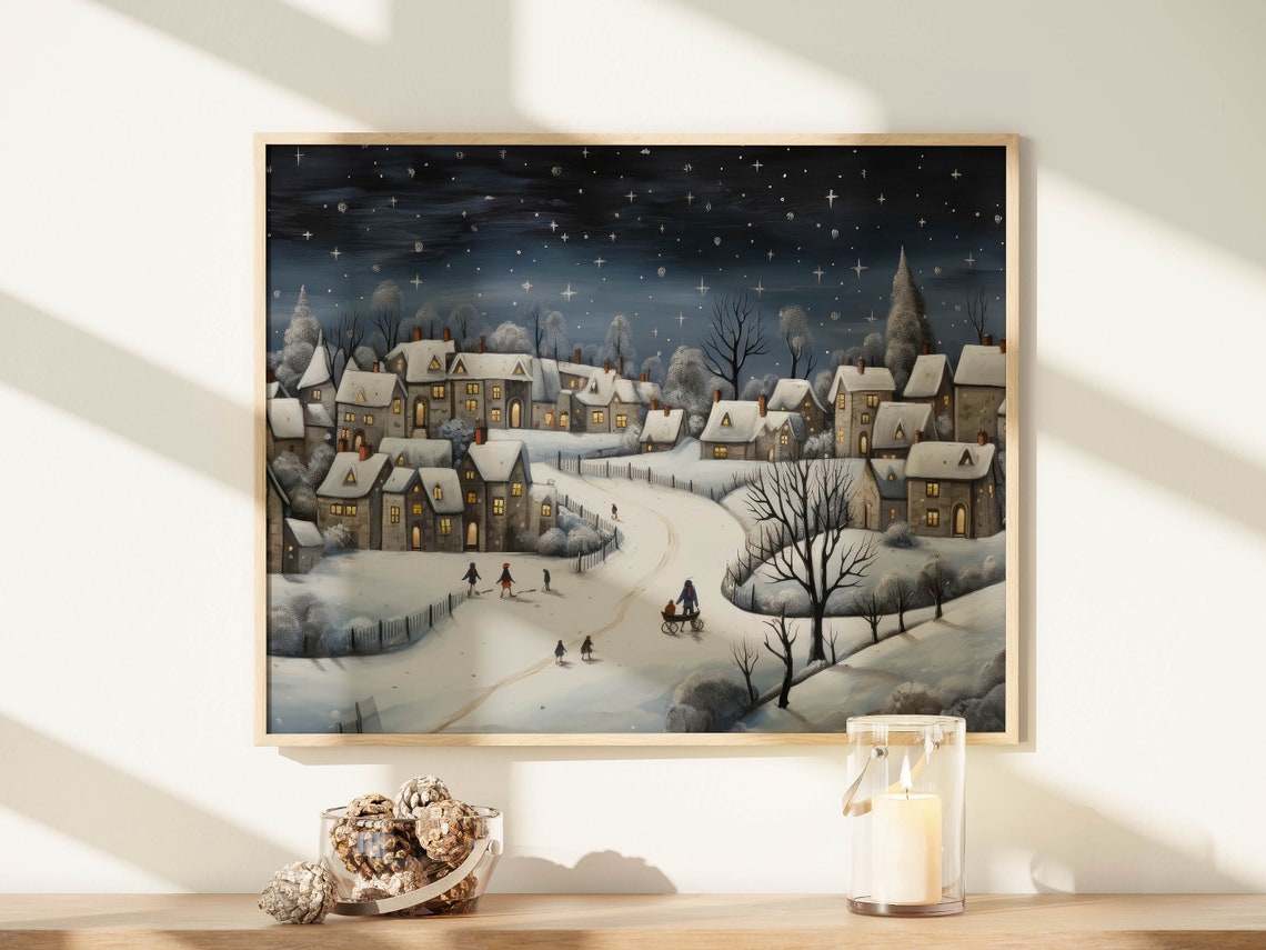 Vintage Christmas Village Wall Art Vintage Christmas Winter Night Wall Art Antique Style Christmas Decor Xmas Town Painting Xmasv1 - Image 8