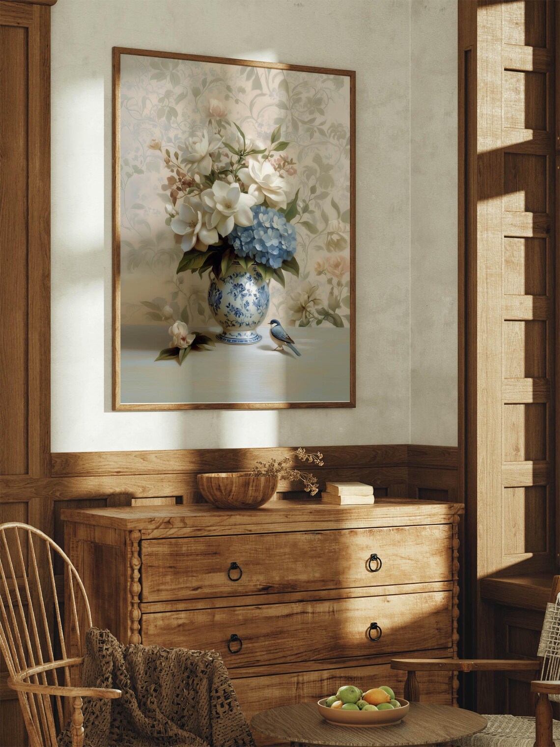 Chinoiserie Blue Vase with Hydrangea and Gardenias Art Print - Image 3