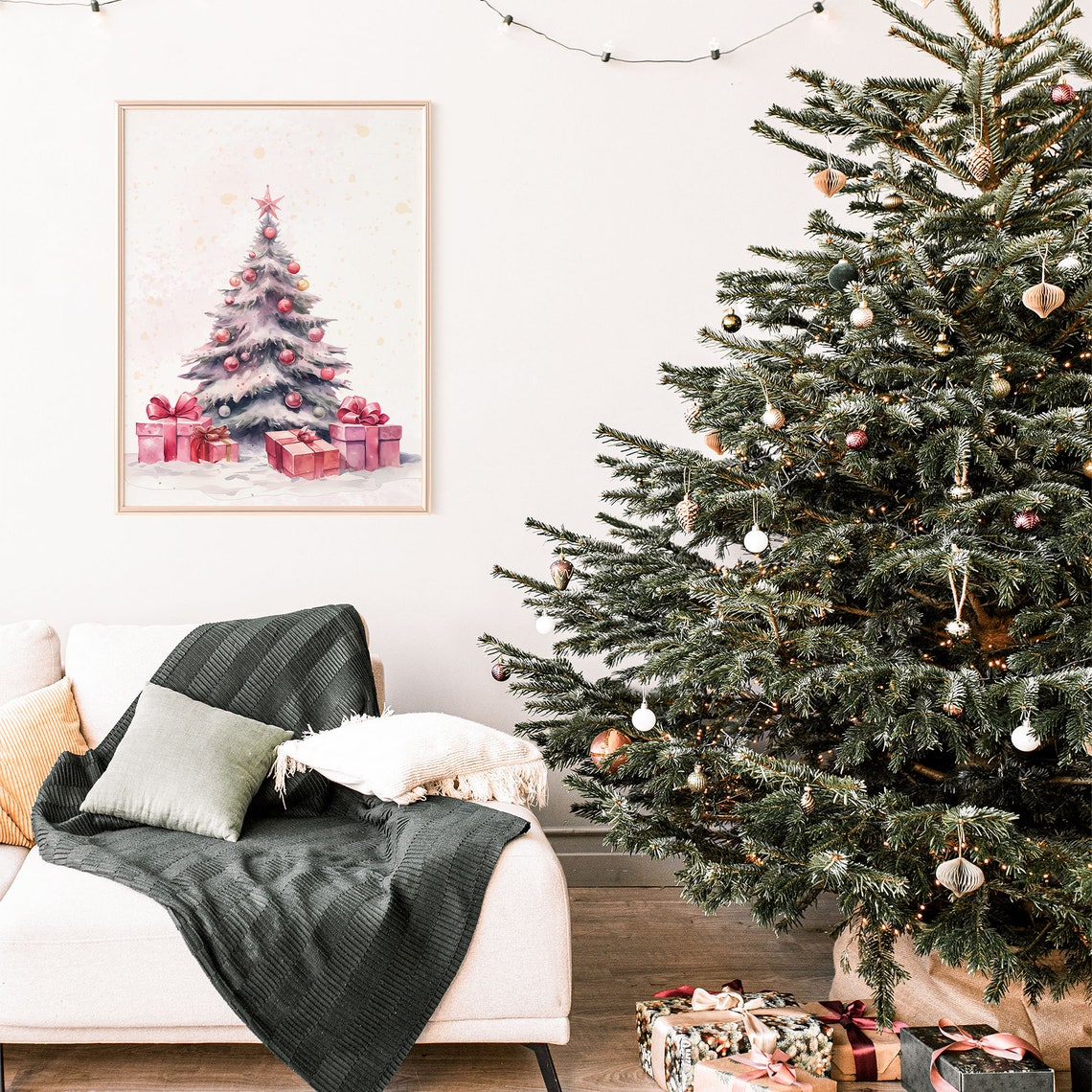 Blush Pink Christmas Tree Watercolor Ornaments Gifts Wall Poster - Image 2