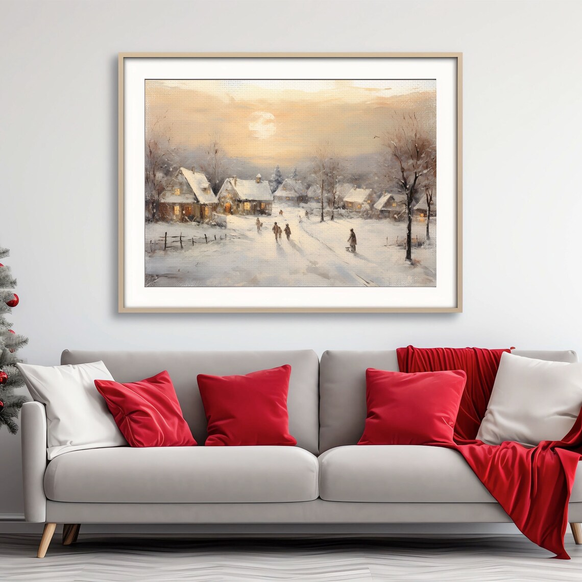Vintage Snowy Village Moonrise Winter Scene Oil Painting Poster - Image 7