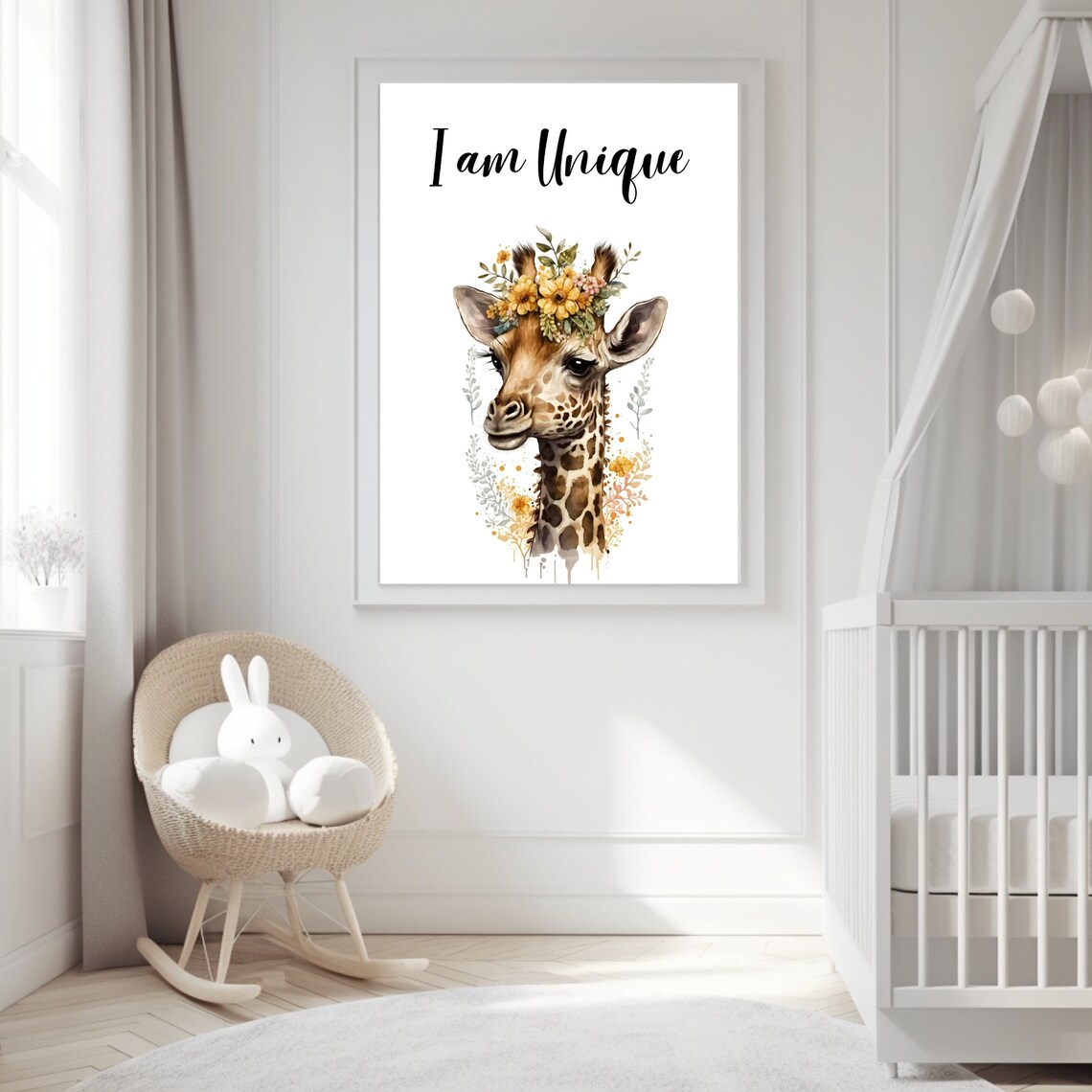 I Am Unique Giraffe Watercolor Flower Crown Nursery Kids Poster - Image 4