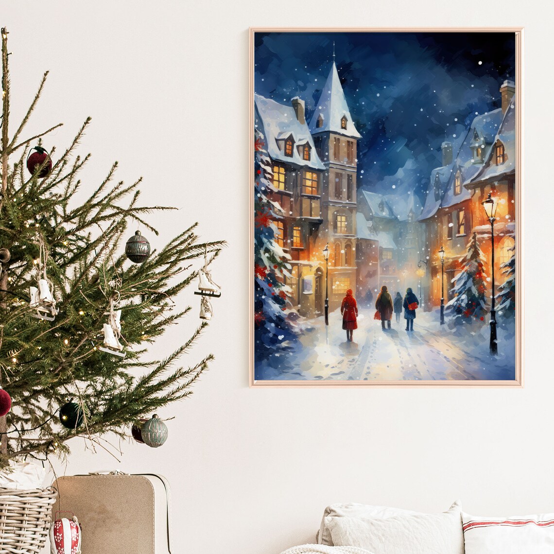 Snowy Christmas Street Church Tower Night Watercolor Art Print - Image 8