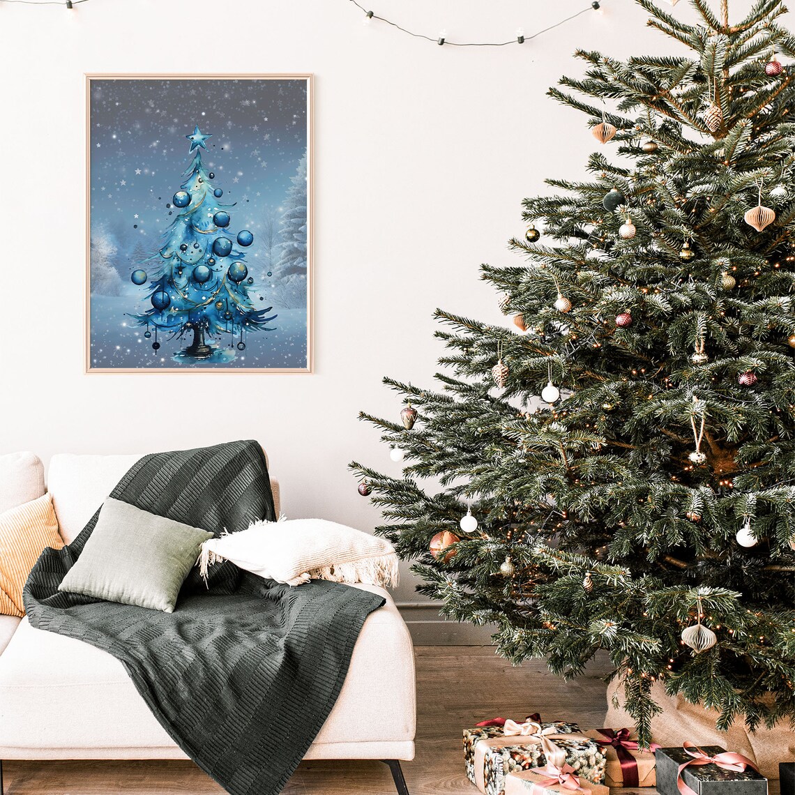 Blue Watercolor Christmas Tree Starry Snowy Night Holiday Poster - Image 7