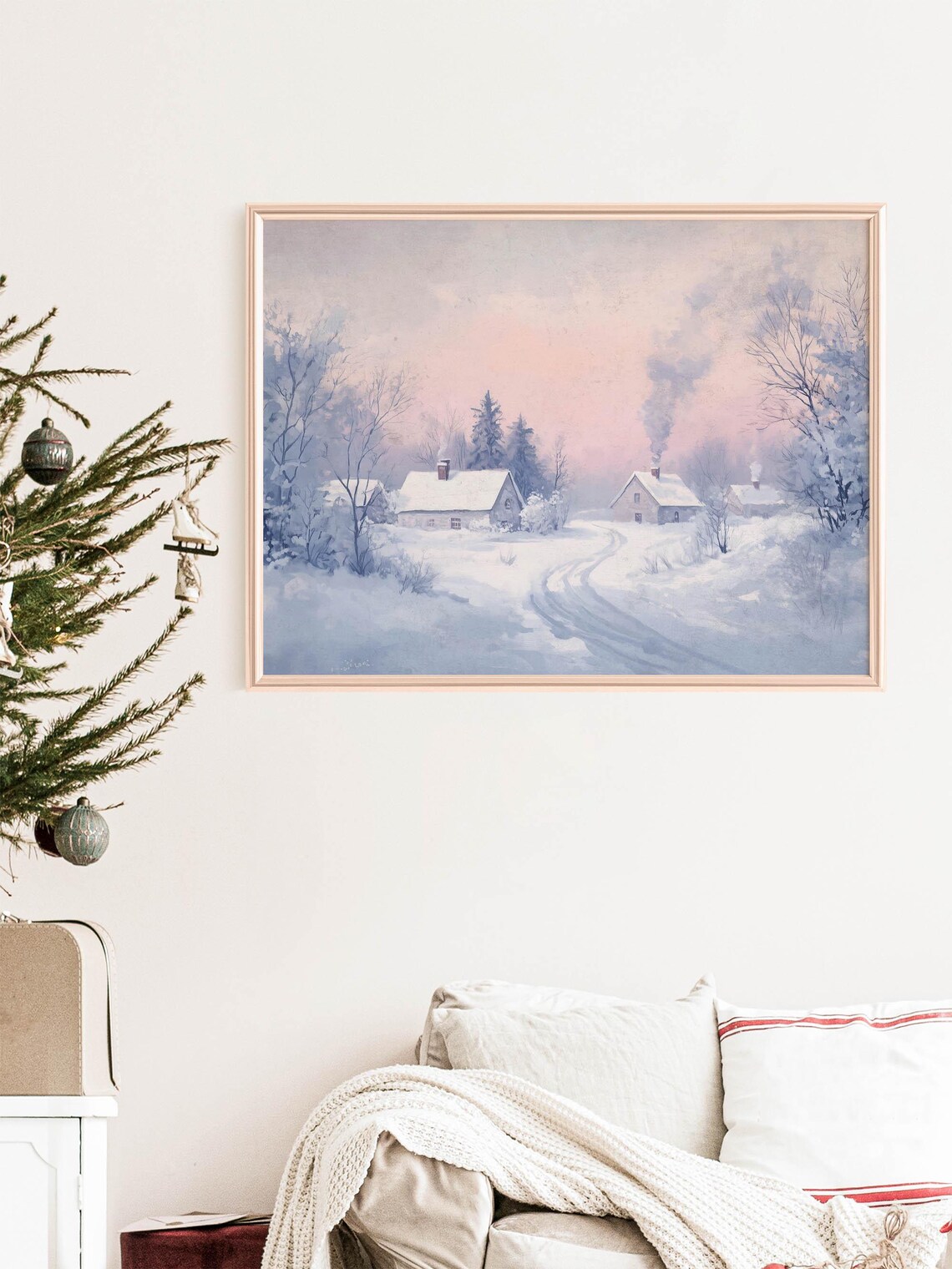 Pastel Winter Village Snowy Cottages Pink Sky Christmas Print - Image 2