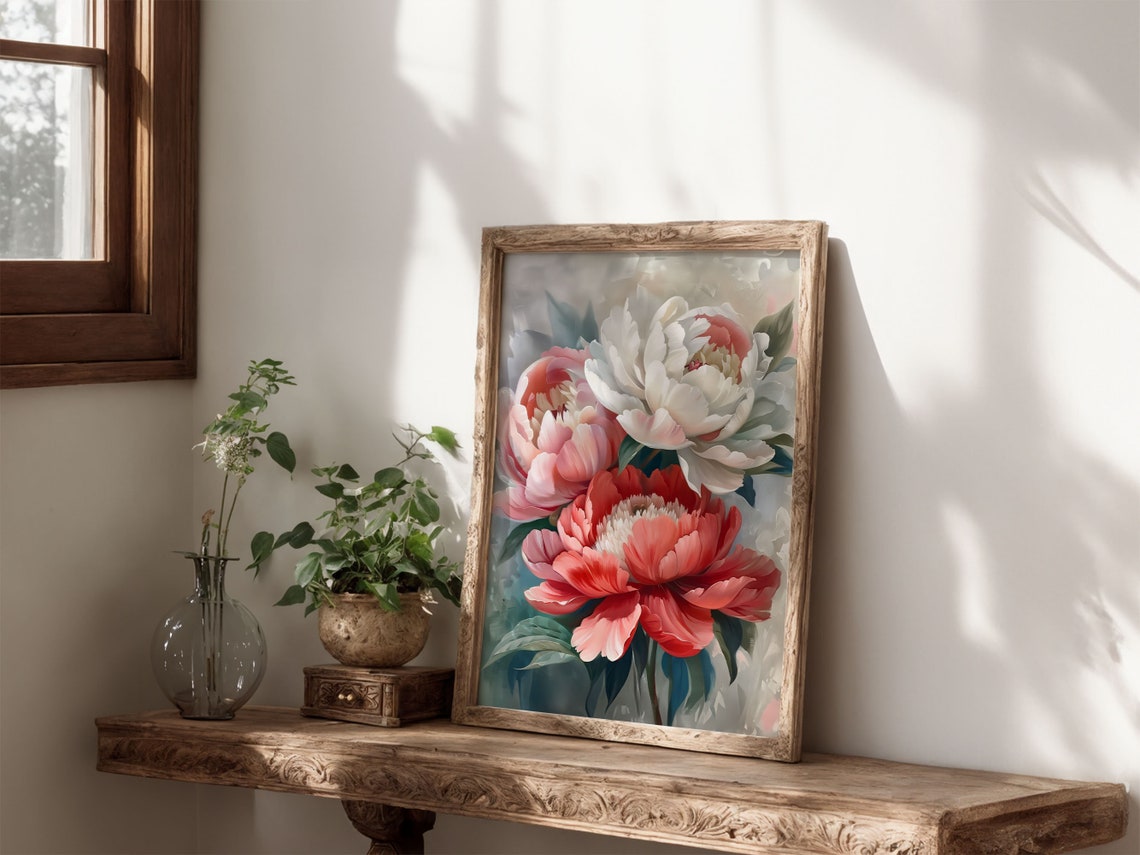 Pink White Coral Peony Flowers Soft Impressionist Floral Poster - Image 4