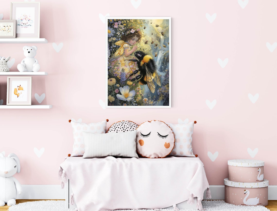 Secret Garden Fairy And Bumblebee Girls Room Nursery Decor Print Flower Garden Fairie Wall Art Enchanted Girls Bedroom - Image 2
