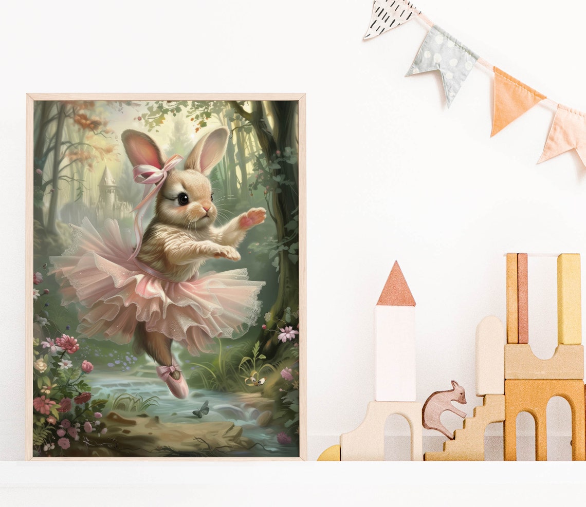 Dancing Bunny Ballerina Pink Bow Tutu Magical Woodland Stream Poster - Image 5