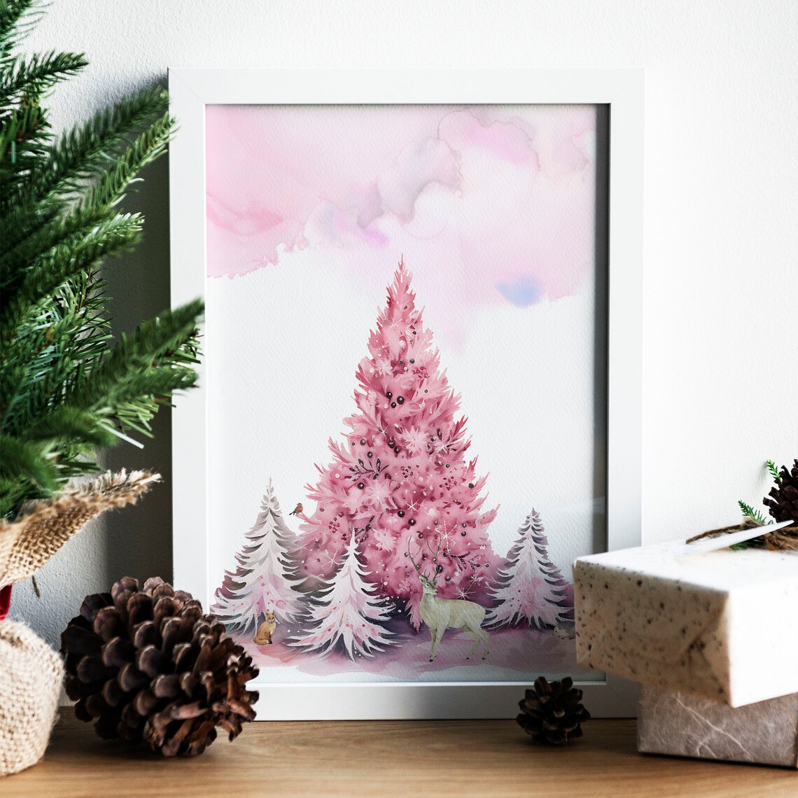 Pink Watercolor Christmas Trees Woodland Deer Holiday Poster - Image 5