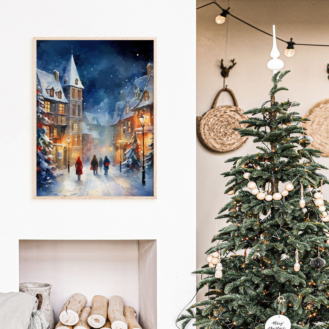 Snowy Christmas Street Church Tower Night Watercolor Art Print - Image 3