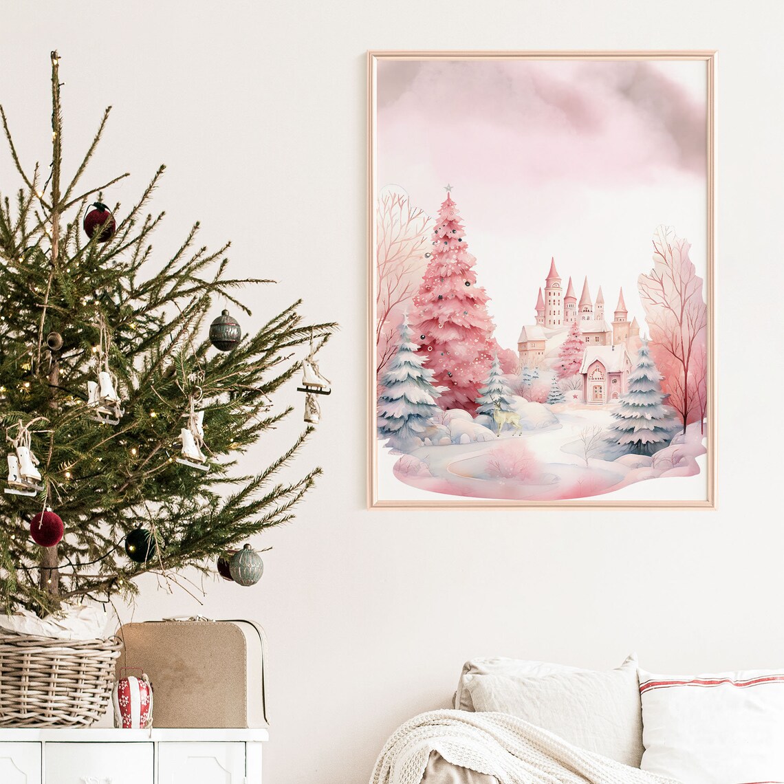 Pink Christmas Winter Wonderland Castle Pink Tree Watercolor Poster - Image 8