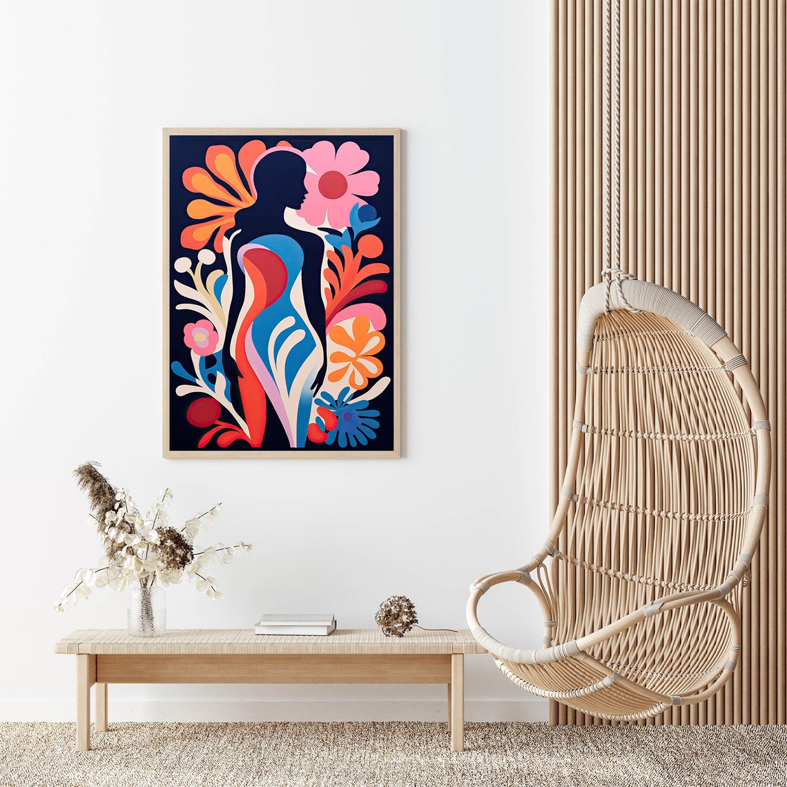 Blue Abstract Female Silhouette with Bold Florals Matisse Style Print - Image 3