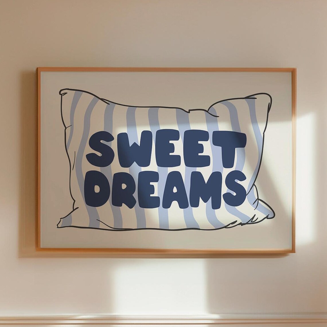 Sweet Dreams Blue Striped Pillow Cozy Kids Bedroom Quote Poster