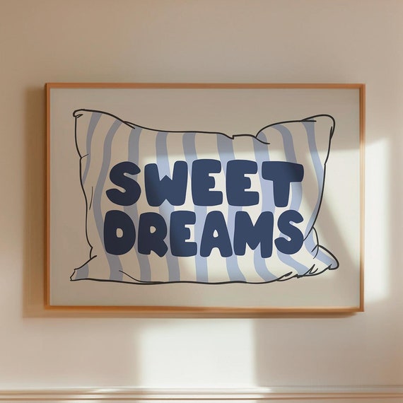 Blue Sweet Dreams Poster Above Bed Horizontal Art Retro Bedroom Art Trendy Wall Art Pale Blue Bedroom Art Striped Pillow Poster