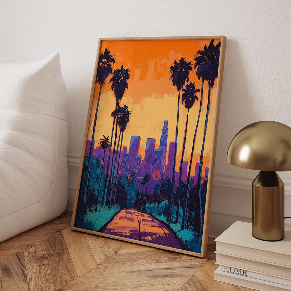 Los Angeles Sunset Skyline Palm Tree Gouache Style Art Poster