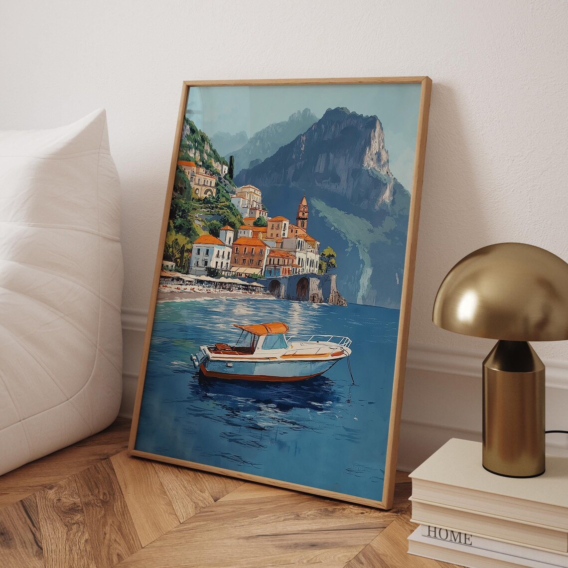 Italian Coast Boat Painting Cliffside Village Turquoise Sea Poster