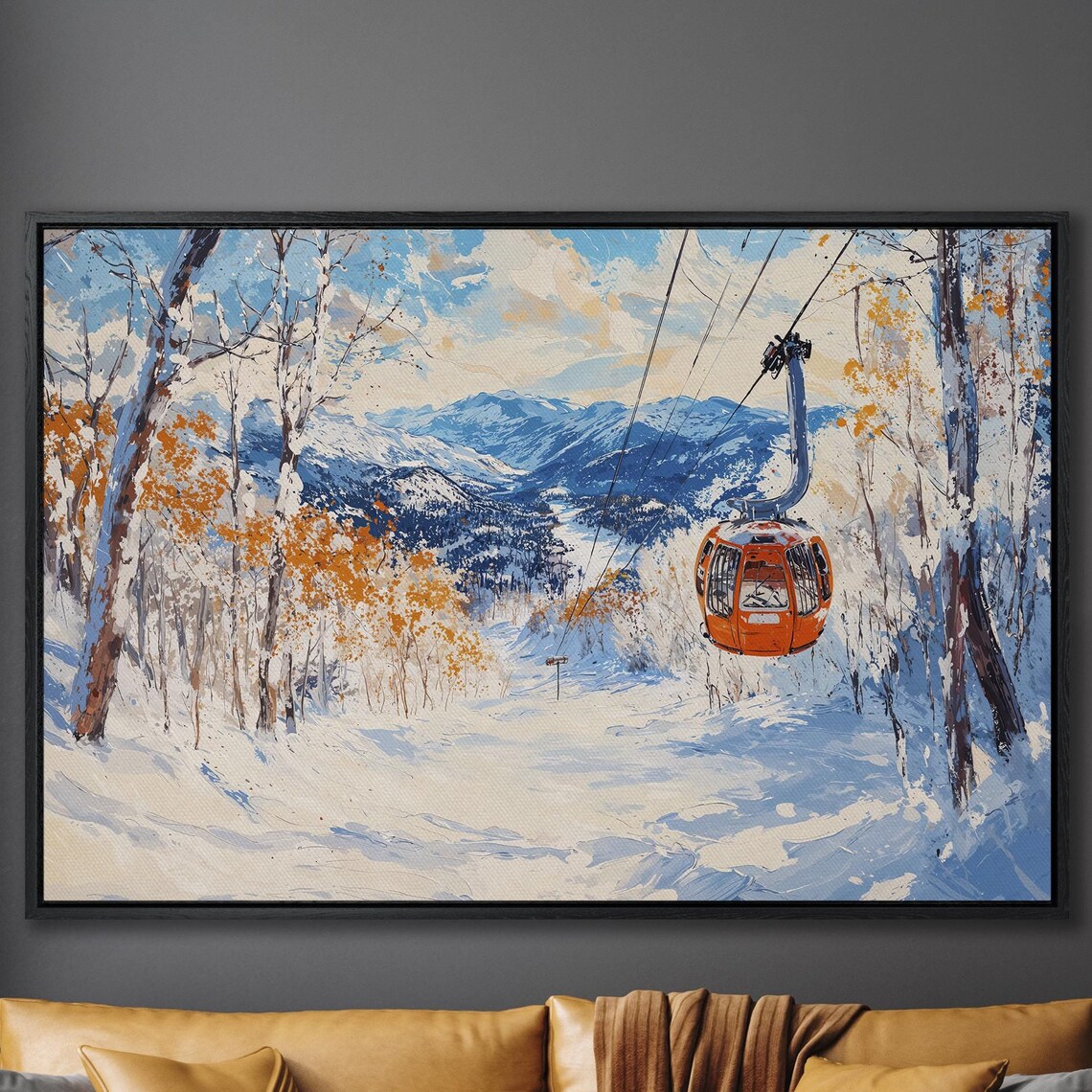 Orange Gondola Cabin Over Snowy Slope Birch Trees Ski Poster