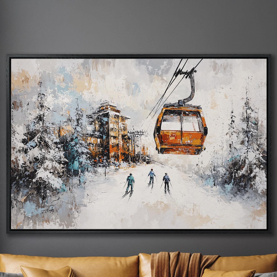 Orange Gondola and Skiers with Snowy Village Soft Winter Poster