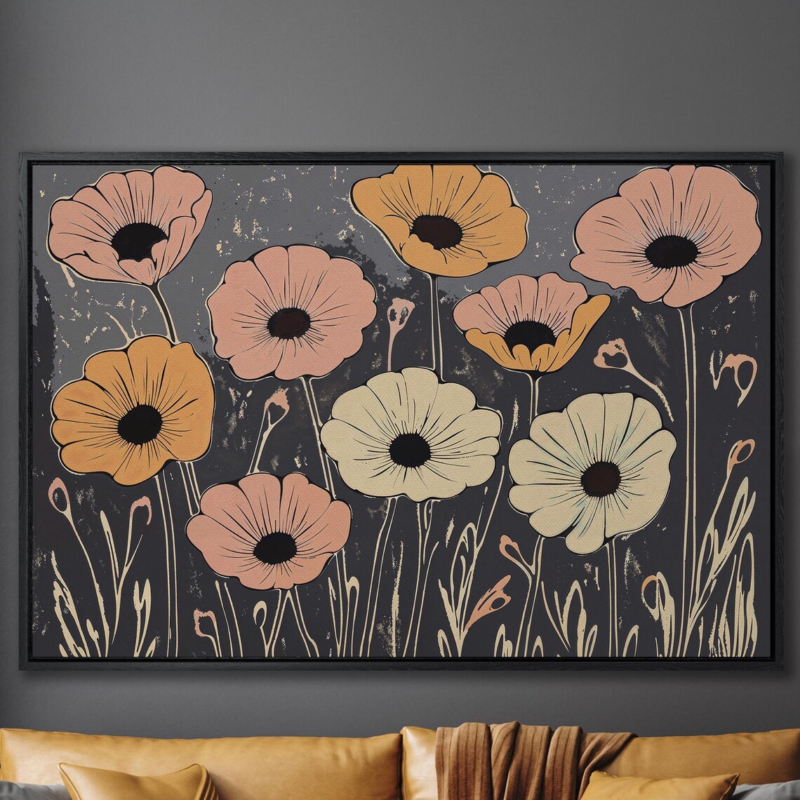 Modern Retro Poppy Blooms In Coral Gold On Black Floral Poster