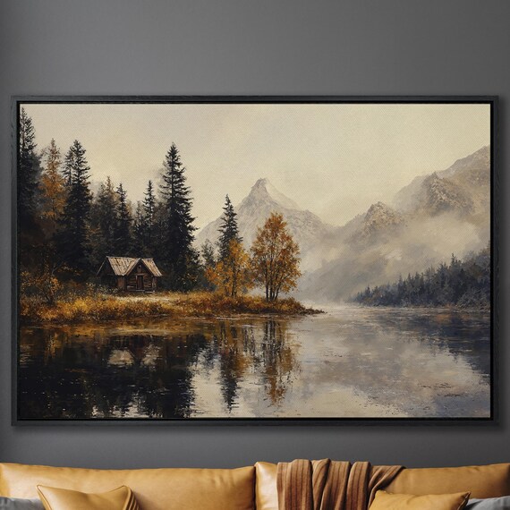 Autumn Cabin on a Misty Mountain Lake with Golden Reflections Poster