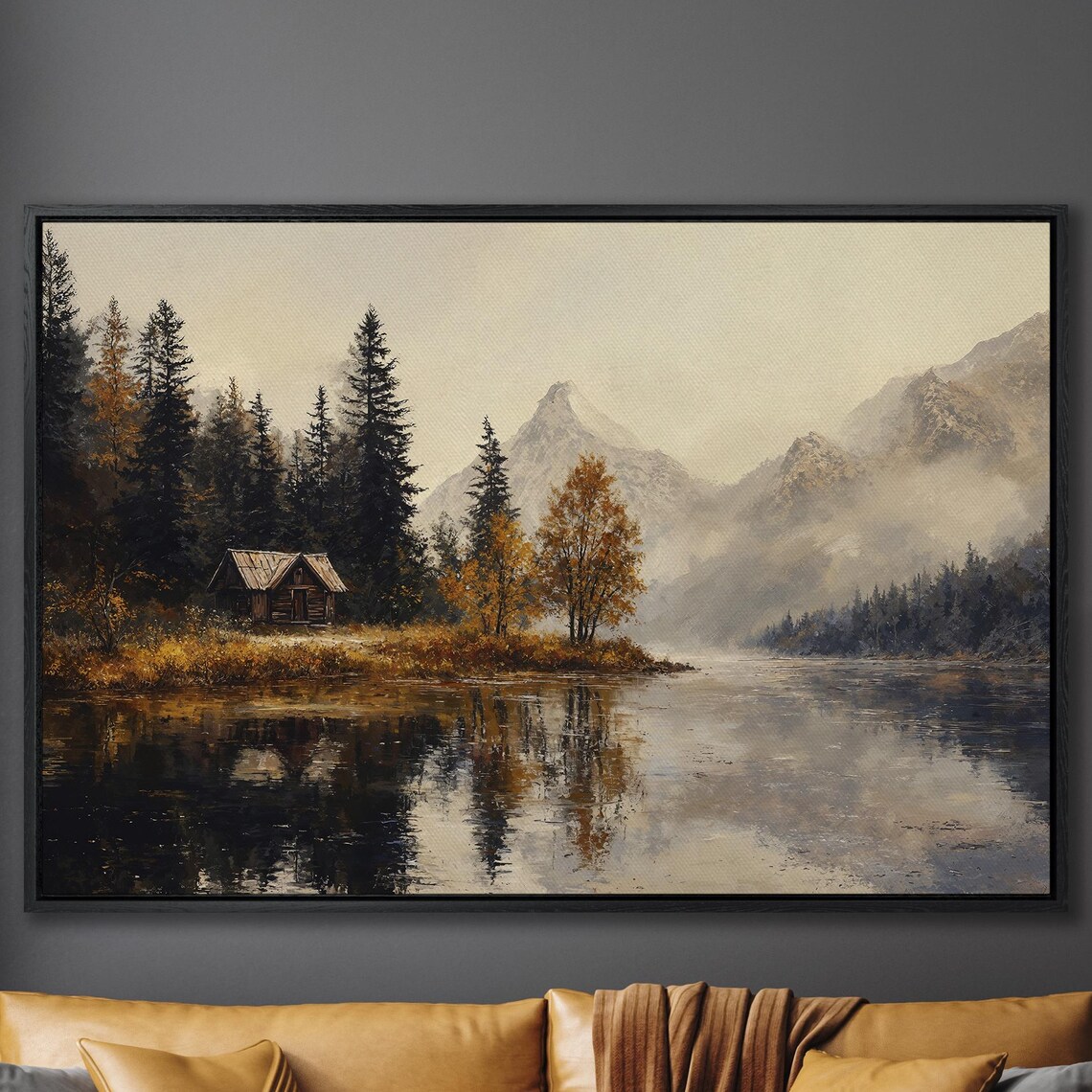 Autumn Cabin on a Misty Mountain Lake with Golden Reflections Poster