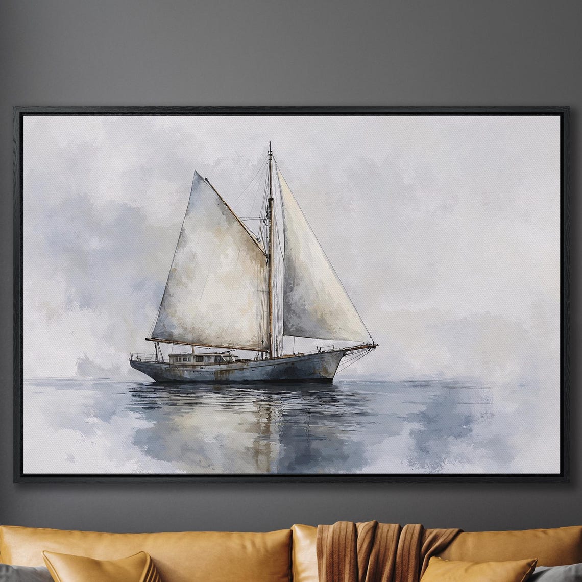 Sailing Ship On Calm Misty Waters Nautical Watercolor Poster
