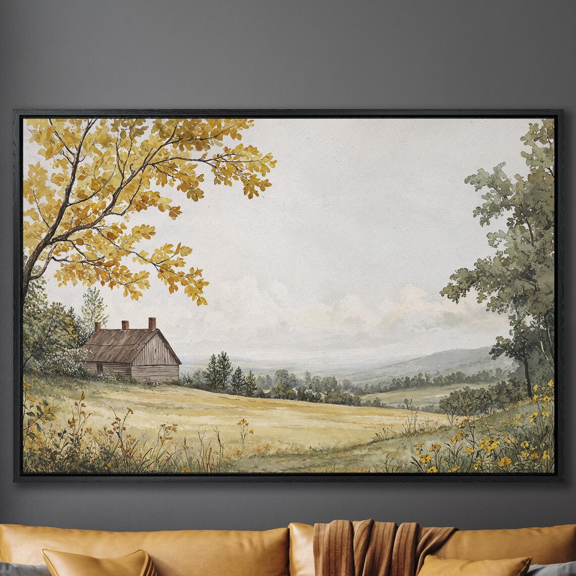 Rustic Barn On Golden Hillside Watercolor Countryside Poster