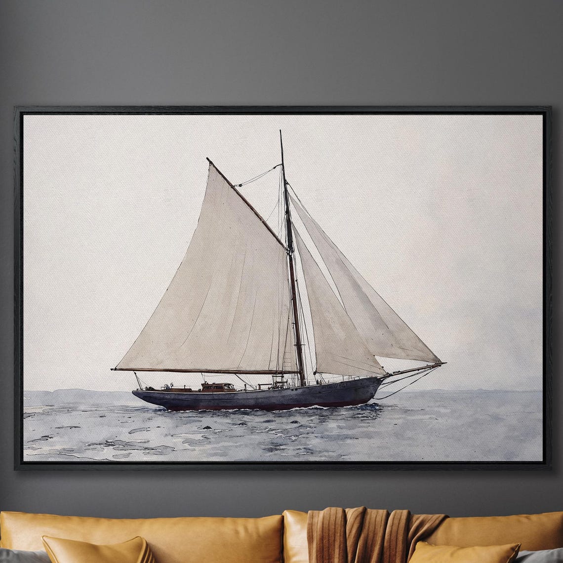 Sailing Ship Watercolor Framed Print Nautical Bedroom Decor Large Wall Art Maritime Artwork Ready To Hang Boat Lovers Gift
