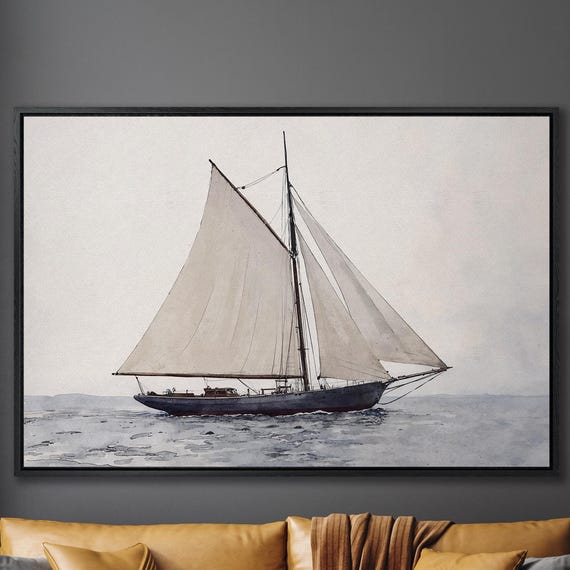 Sailing Ship Watercolor Framed Print Nautical Bedroom Decor Large Wall Art Maritime Artwork Ready To Hang Boat Lovers Gift