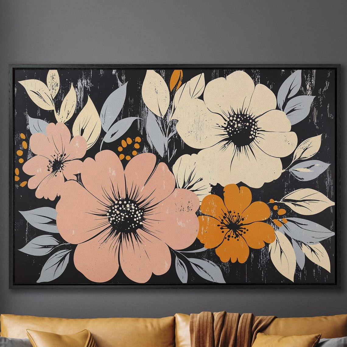Bold Coral And Cream Blooms On Distressed Black Floral Poster