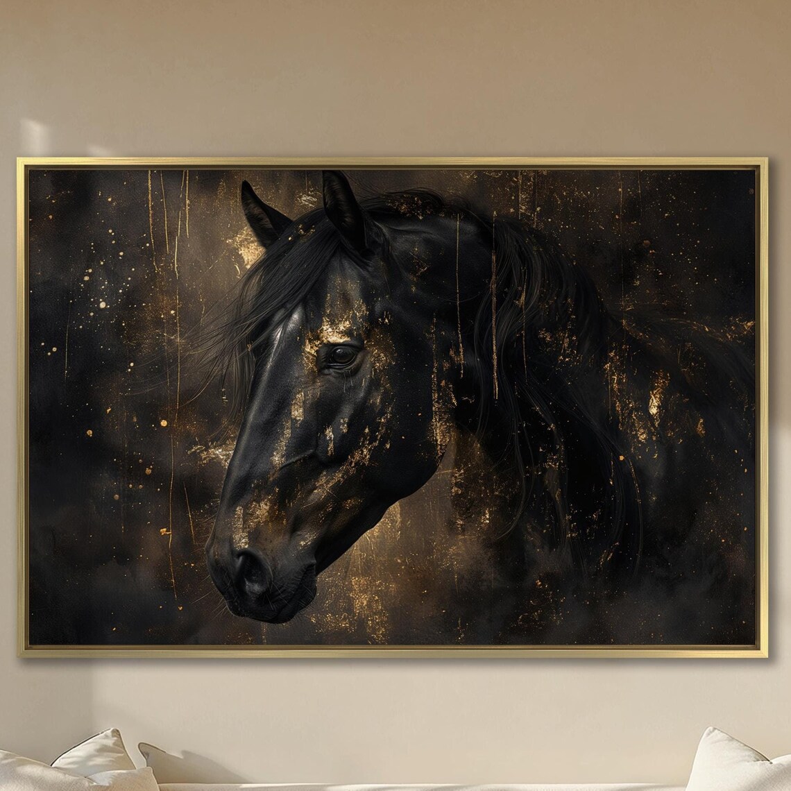 Black Horse Head With Gold Splatter Dramatic Equine Art Poster