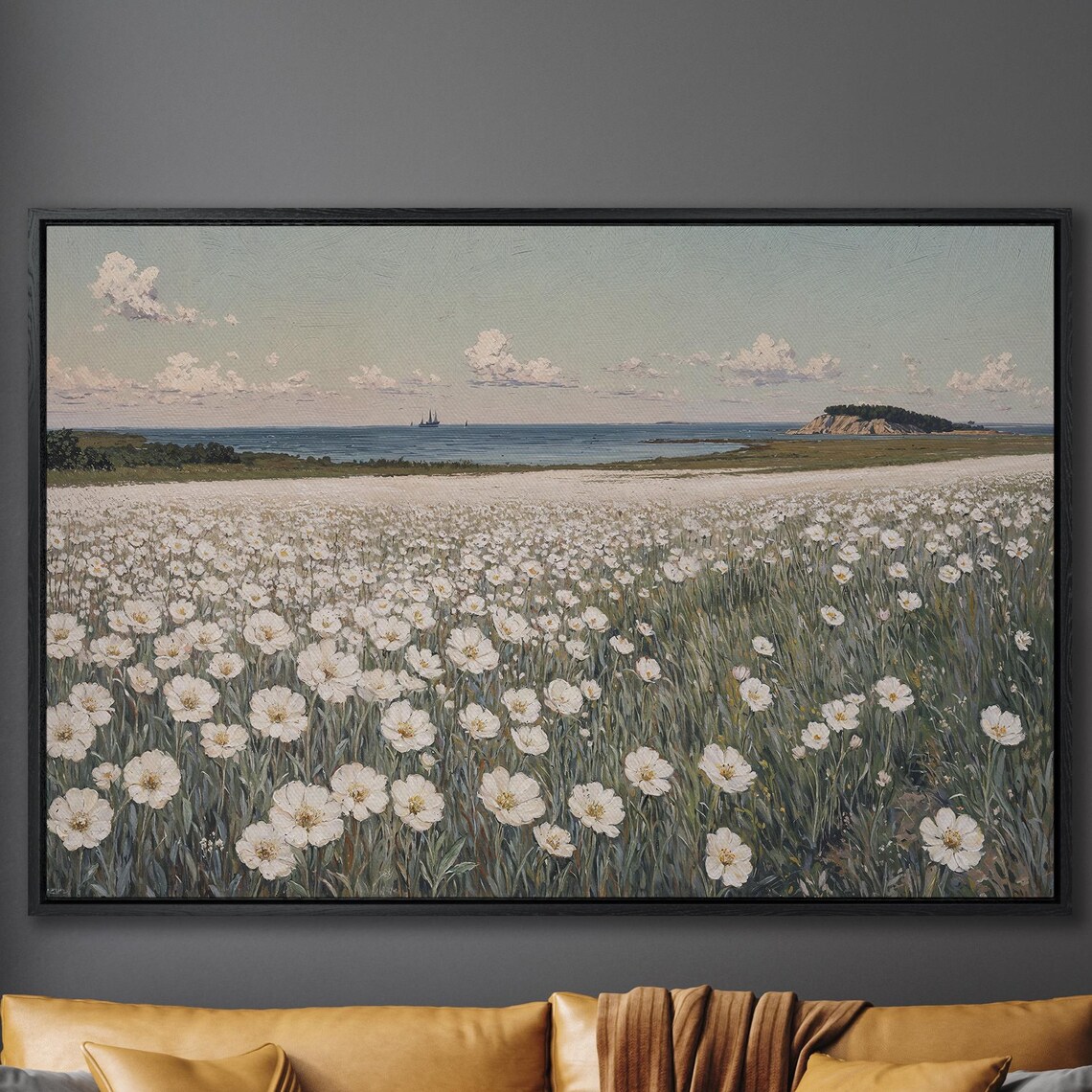 White Flower Field by the Sea with a Sailing Ship on the Horizon Poster