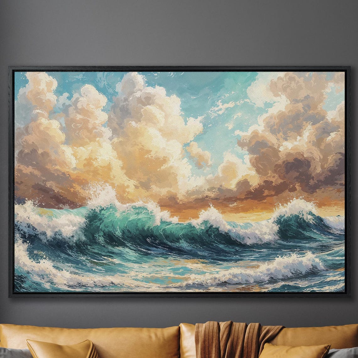 Turquoise Waves At Sunset With Golden Clouds Seascape Poster