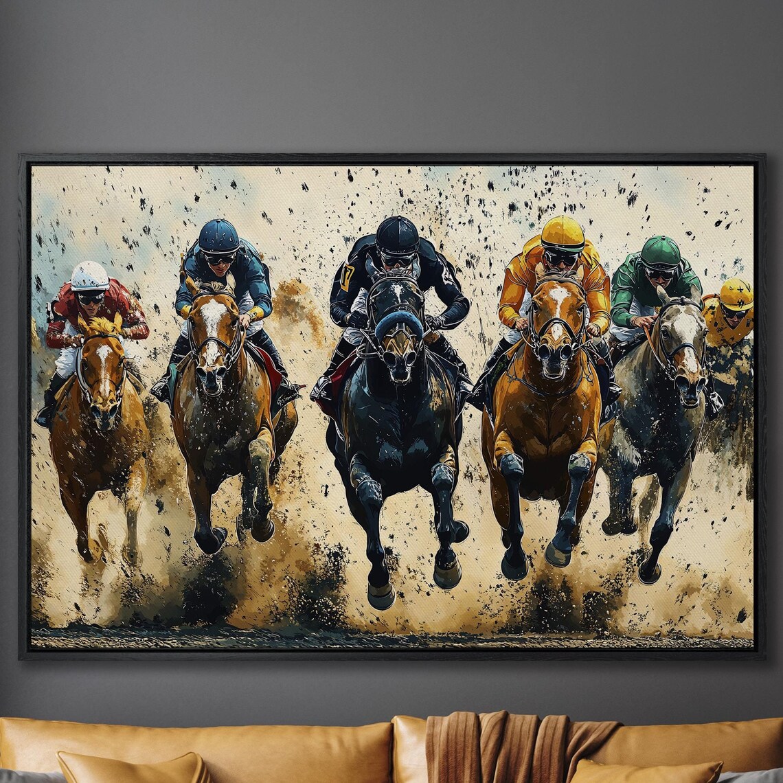 Horse Racing Jockeys Charging Head-On Action Painting Sports Poster